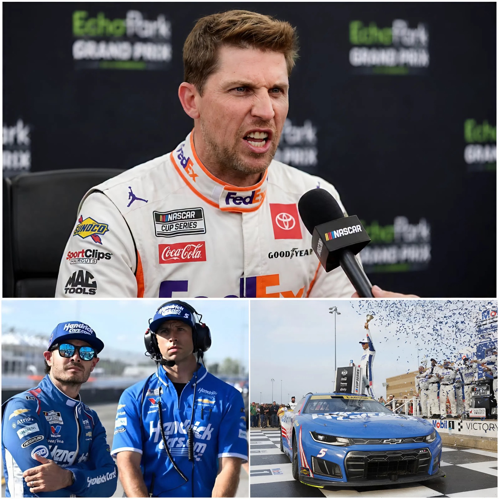 🚨 “HE CHEATED BLATANTLY!… I DEMAND AN IMMEDIATE INSPECTION OF HIS CAR” – Denny Hamlin has just shaken the entire NASCAR world after the race at Kansas Speedway, officially calling on organizers to investigate Kyle Larson’s car. The veteran driver publicly accused Logano’s team of using an illegal